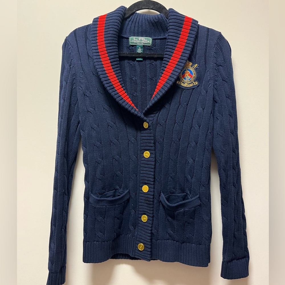 Ralph Lauren Active Navy Blue Cable Knit Shaw Collar Cardigan